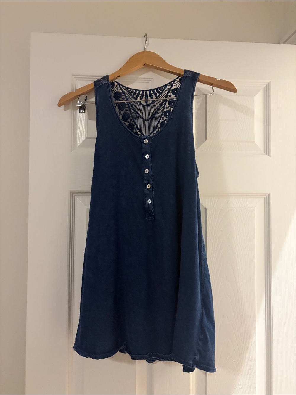 Sleeveless Navy Button-Front Tank with Crochet Back
